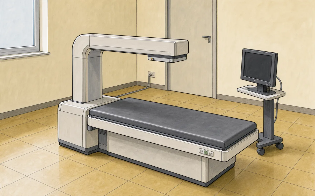 An empty body-composition scanner with its scanning arm above a narrow bed