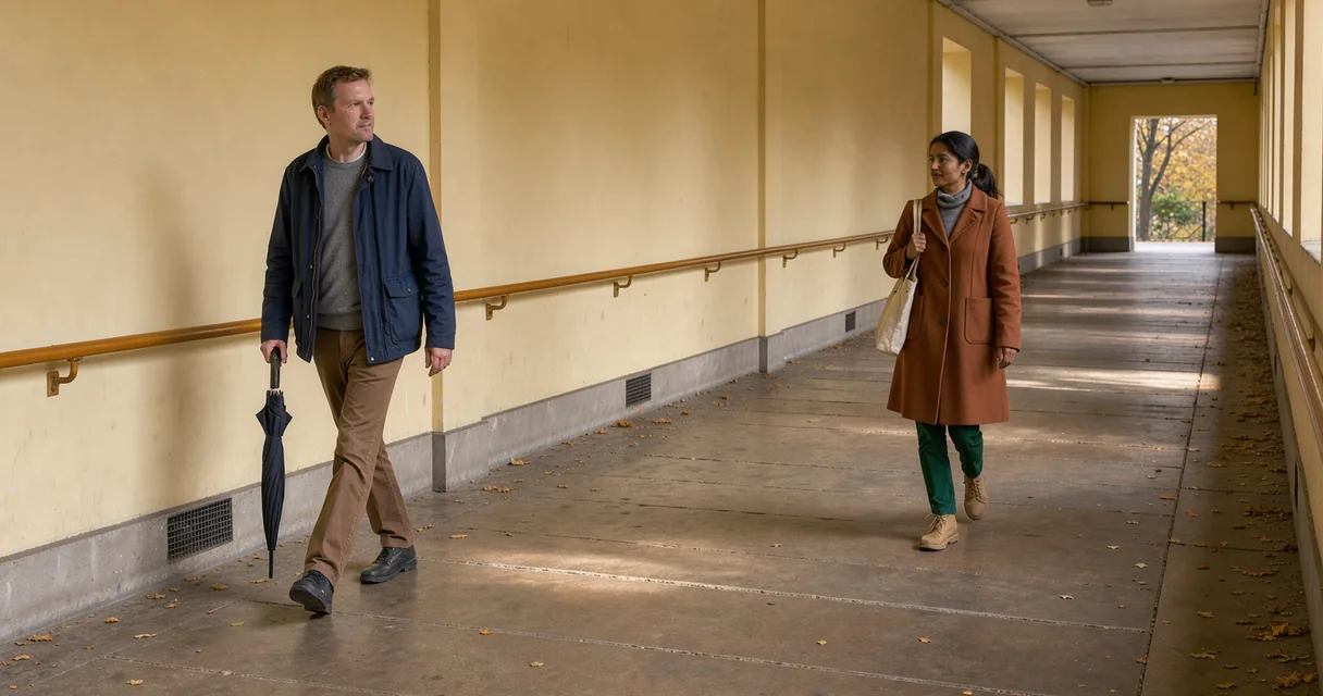 Two adults walking separately through a yellow public passage beside an ochre handrail
