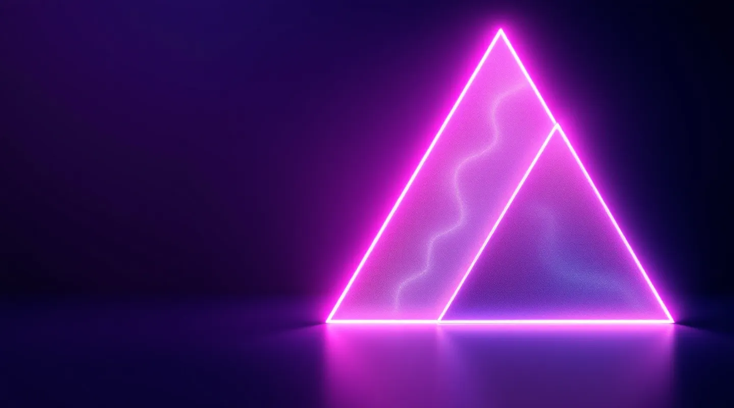 Glowing abstract peptide-chain model seen through overlapping frosted-glass triangular planes on an aubergine gradient