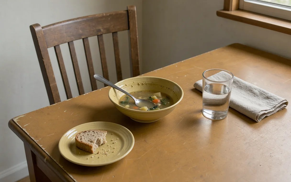 An unfinished lunch and a folded napkin beside an empty chair